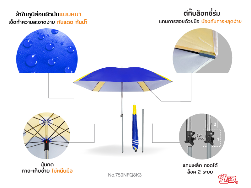(ขายส่ง) Leo ร่มสนาม แม่ค้า สำหรับขายของ ขนาด1.85x1.85เมตร ผ้าใบคูนิล่อนกันน้ำ กันแดด ซี่ไฟเบอร์ไม่ขึ้นสนิม
