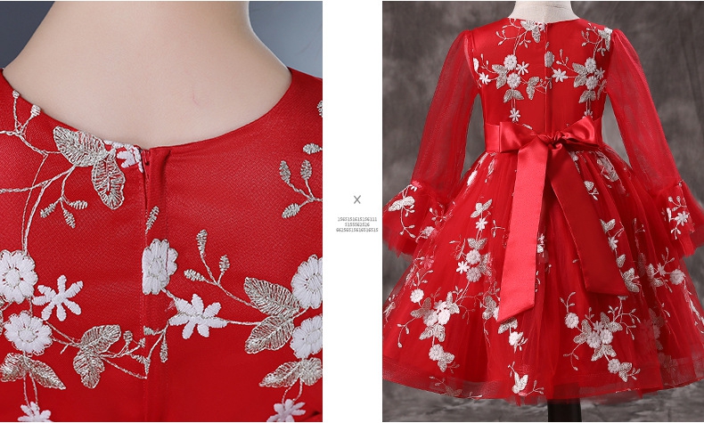 ชุดเดรสออกงานเด็กสีแดง ปักลวดลายสวยงาม แขนยาว ทรงสั้น