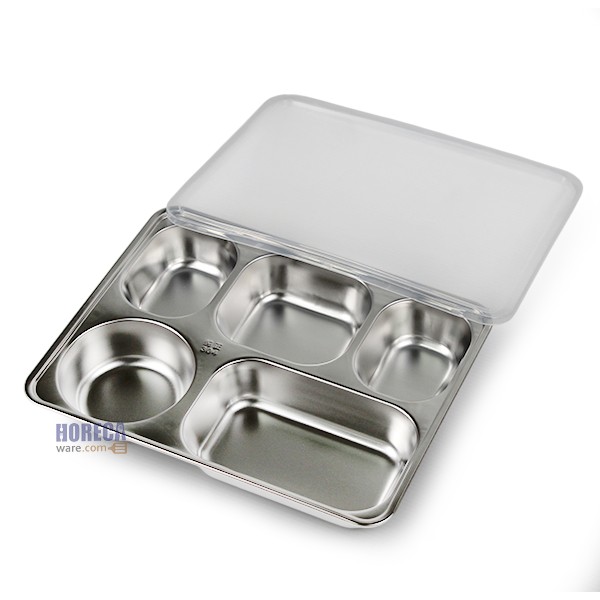 Square tray with 5 compartments, grade 304, plastic lid, 22x28.5x4.5cm, Fofo