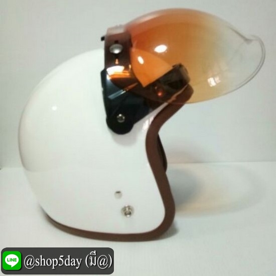 🔥หมวกกันน็อควินเทจ คลาสสิค สีขาวเงา พร้อมชิวยกได้