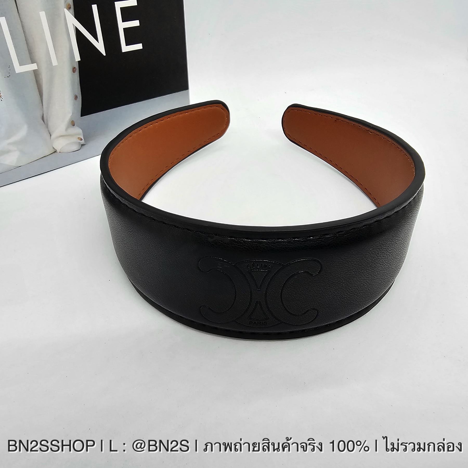 สีดำ | CELINE Cuir Headband in Calfskin Leather ที่คาดผมลายปัม CL งานหนังสีน้ำตาล งานปั๊ม หนังนุ่มมือมาก ถ่ายจากสินค้าจริง