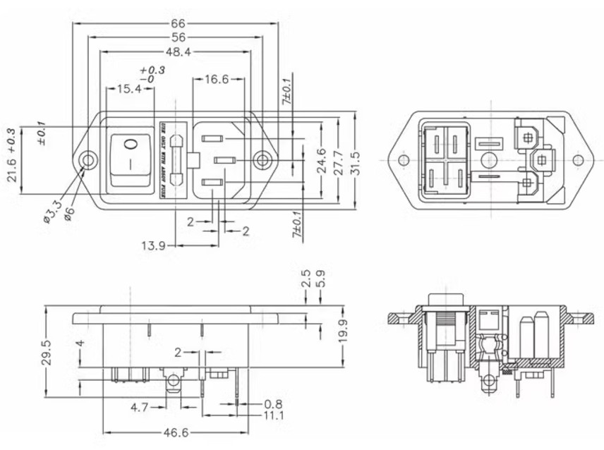 AC 250V 10A male plug socket, hexagonal shape + on/off switch, model AC-01A 3 Pin Male พร้อมสวิทช์และฟิวส์ 10A