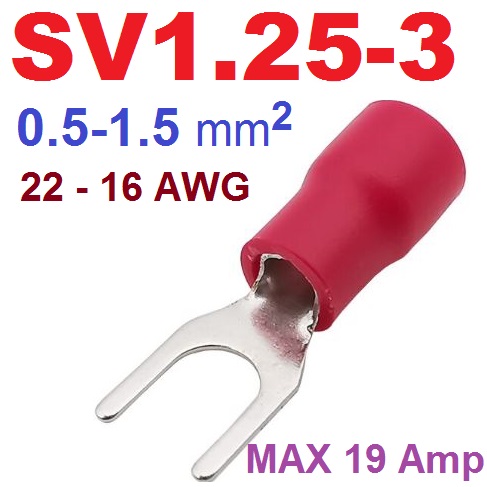 SV1.25-3 หางปลาแฉก สีแดง แพ็คละ 20 ตัว SV Series Crimp Terminal Fork Spade Wire Connector Copper Insulated Forked SV1.25