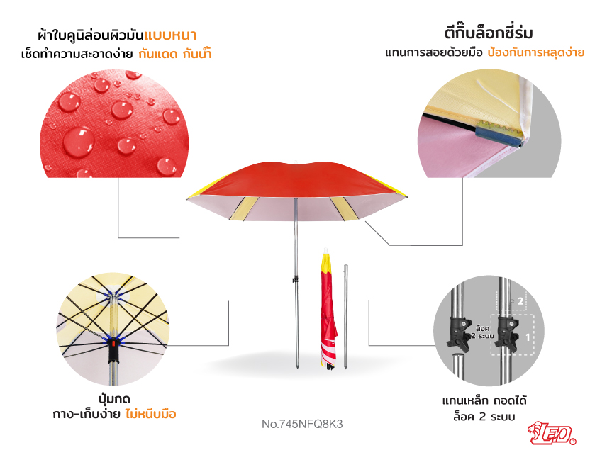(ขายส่ง)Leo ร่มสนาม แม่ค้า สำหรับขายของ ขนาด1.65x1.65เมตร ผ้าใบคูนิล่อนกันน้ำ กันแดด ซี่ไฟเบอร์ไม่ขึ้นสนิม