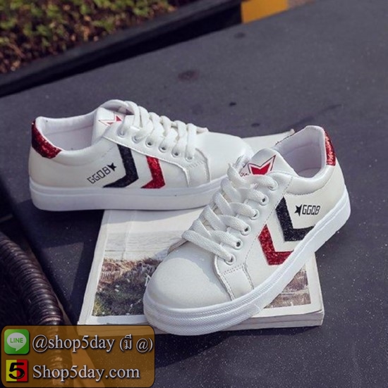 รองเท้าผ้าใบ สไตล์เกาหลี ตกแต่งลายเก๋ๆ (แถบแดง)