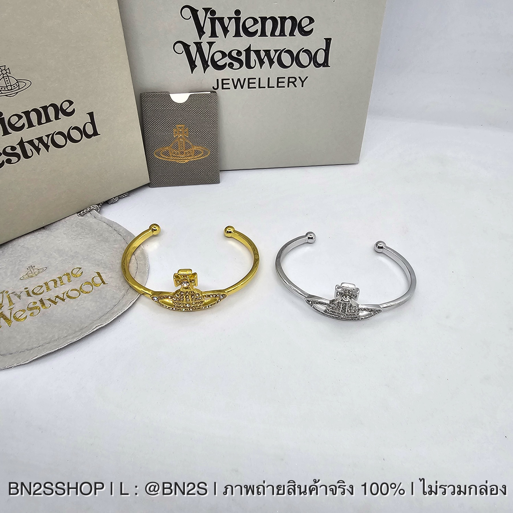 สีทอง | Vivienne Westwood Grace Bas Relief Open Bangle กำไลข้อมือวิเวียน จี้ดาวเสาร์ฝังเพชร งานสวย ประไซส์ได้เอง