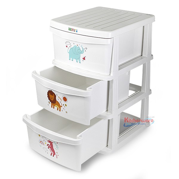 ตู้ลิ้นชัก 3 ชั้น ลายการ์ตูน โครงขาว บิ๊กพลาส