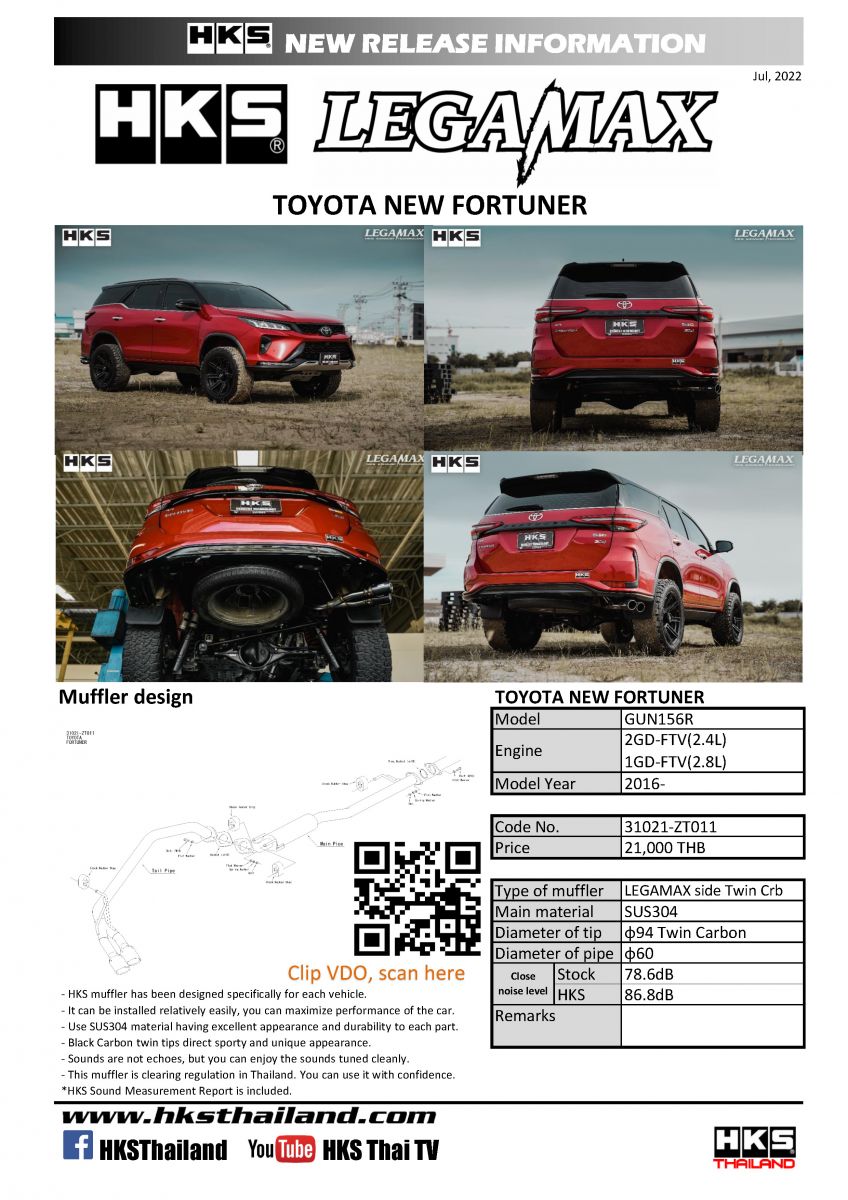 ท่อ HKS สำหรับ TOYOTA Fortuner ตั้งแต่ปี 2016 ขึ้นไป Side Muffler Twin Crb