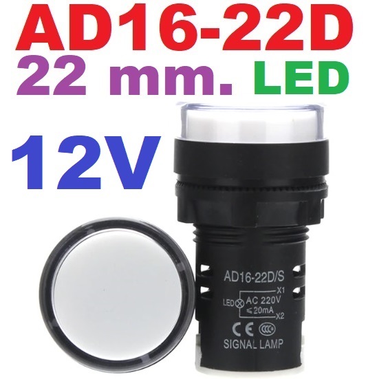 Pilot Lamp LED 22mm. 12V White color AD16-22D Panel Mount Indicator ไพล็อตแลมป์ สีขาว