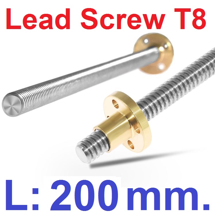 แกนสกรูขนาด 8mm. ยาว 200mm. ระยะเกลียว 2 mm. Lead Screw Dia 8mm Length 200mm pitch 2mm. with Nut T8 Lead Screw for RepRap 3D Printers Parts Trapezoidal Screw Copper Nuts