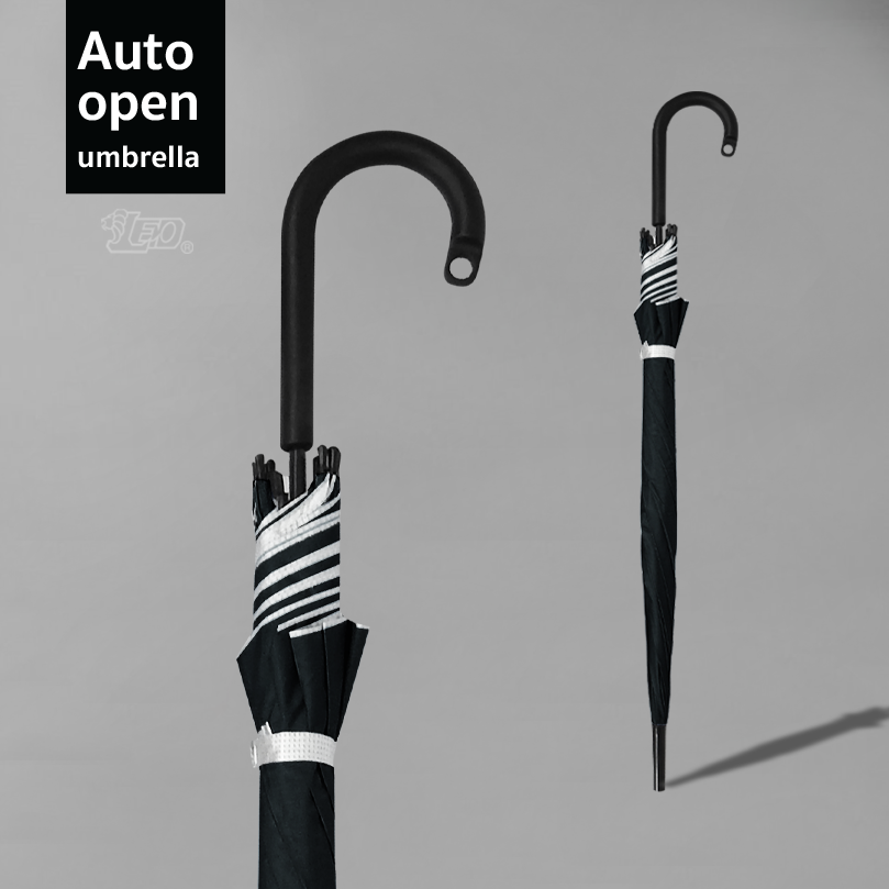 Leo ร่มยาวสปริงออโต้เปิด สีดำ ขนาด 24 นิ้ว ผ้าเคลือบยูวีกันแดดและฝน