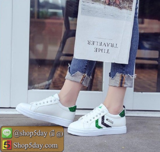 รองเท้าผ้าใบ สไตล์เกาหลี ตกแต่งลายเก๋ๆ (แถบเขียว)