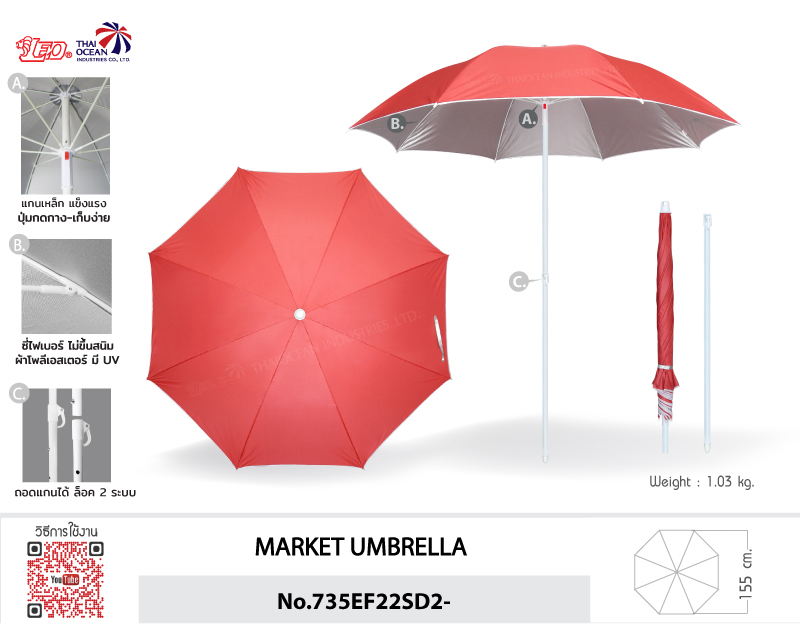 Leo ร่มสนาม สำหรับแม่ค้า,ขายของ,ร้านกาแฟ ขนาดØ1.55เมตร ทรงกลม ไม่มีชาย ซี่ไฟเบอร์ไม่ขึ้นสนิม