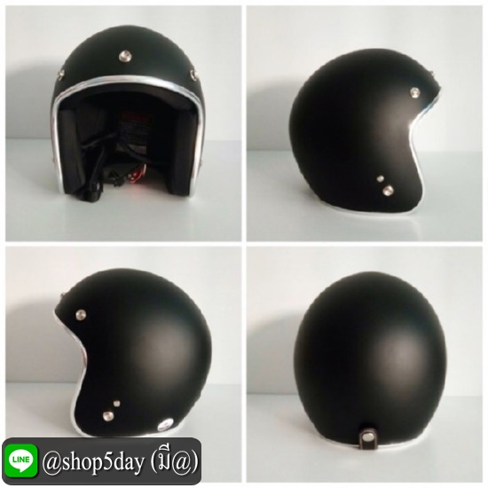 หมวกกันน็อคคลาสสิค วินเทจ สีดำด้าน ขอบโคเมี่ยม