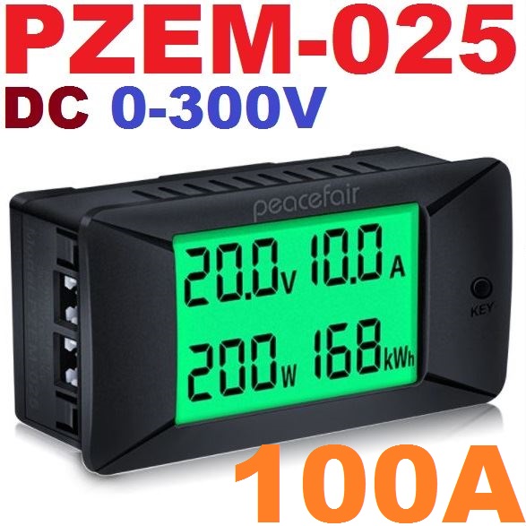 PZEM-025 DC 0-300v 100A Shunt Bidirectional Battery Tester DC Digital Green LCD Ammeter Voltmeter Power Kwh Voltage Meter