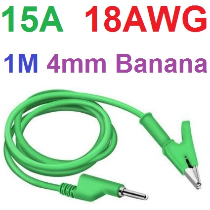 สายไฟปากคีบ 1 เมตร 1000V 15A 18AWG สีเขียว Crocodile Clip to 4mm Banana Plug Cable Power test line high voltage power supply clip multimeter plug banana lead wire alligator clip pure copper strip wire test Green color