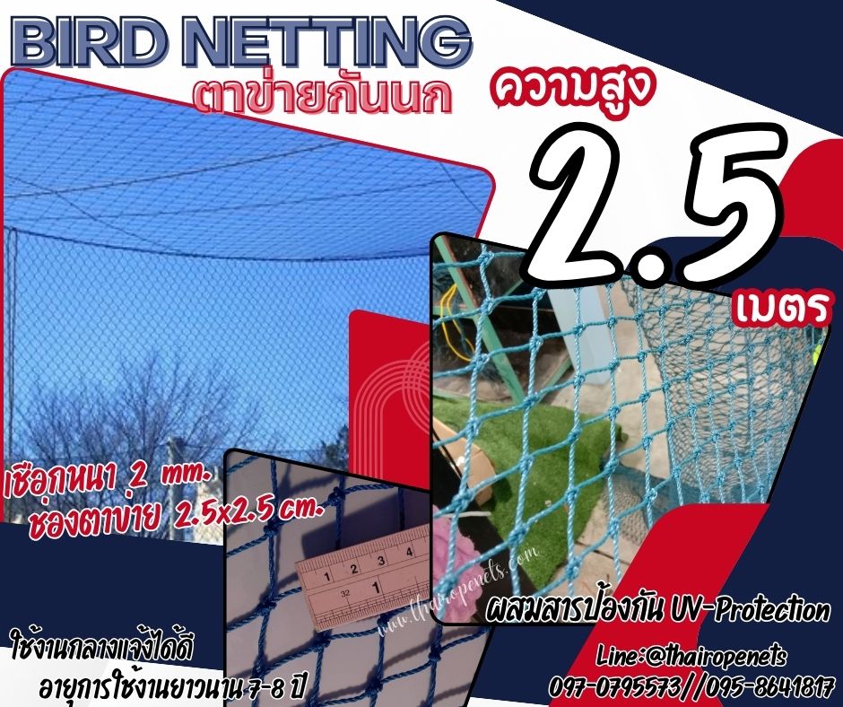 bird netting ตาข่ายกั้นนก ความสูง 2.5 เมตร สีฟ้า รุ่นหนา 2 มิล ช่องตา 2.5x2.5 cm. กดเลือกความยาวตามต้องการได้เลยค่ะ