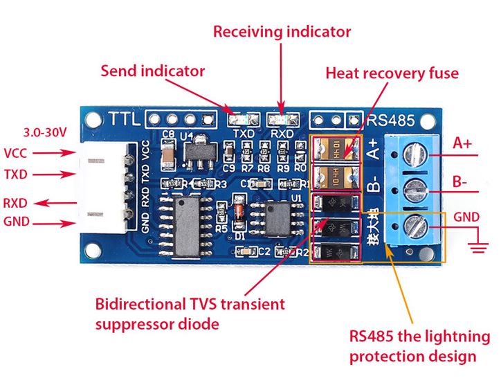 TTL to RS485 For Arduino USB Module Converter AVR 3.0V ~ 30V Converter High EMC EMI 3.3V/5.0V Signals Hardware Automatic Control