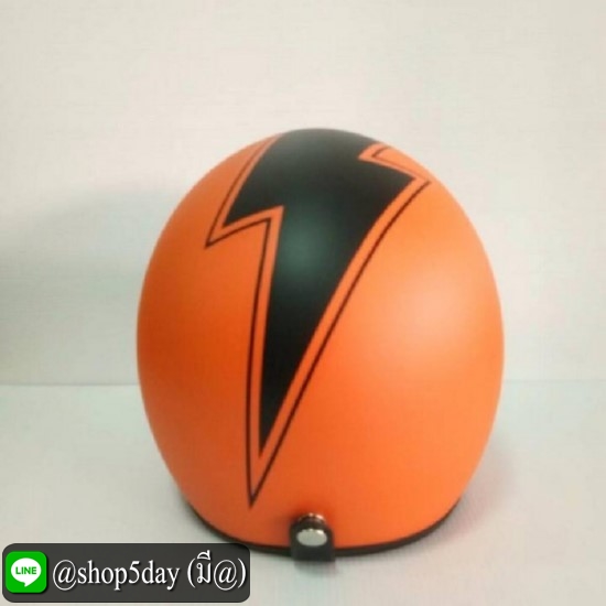 AVEX หมวกกันน็อควินเทจคลาสสิค ราคาถูก รุ่นLB THUNDER สีส้มด้านสายฟ้าดำ คิ้วดำ ผ้าดำ พร้อมชิว BUBBLE สีทูโทน