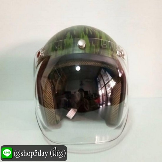 ALTRAX หมวกกันน็อควินเทจคลาสสิค ราคาถูก รุ่น MILITARY นวมถอดซักได้ สีเขียวลายพราง พร้อมชิวBUBBLE สีใส