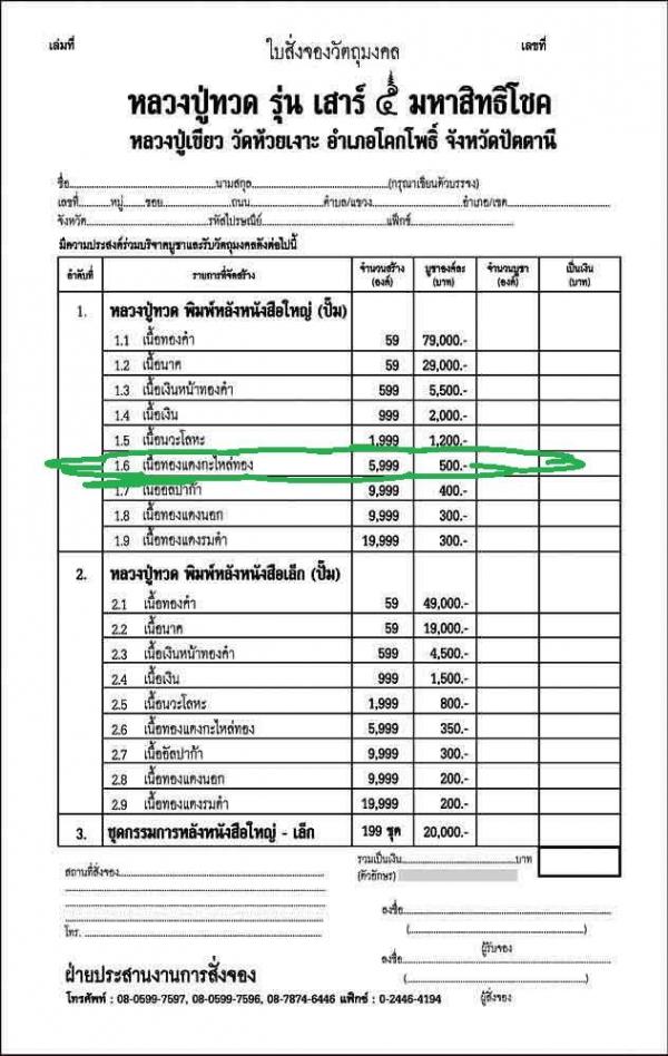 พระหลวงพ่อทวด พ่อท่านเขียว เตารีด พิมพ์หลังหนังสือใหญ่ รุ่นเสาร์ ๕ มหาสิทธิโชค จัดสร้างปี ๒๕๕๓ เนื้อทองแดงกะไหล่ทอง หมายเลข ๕๑๒๖