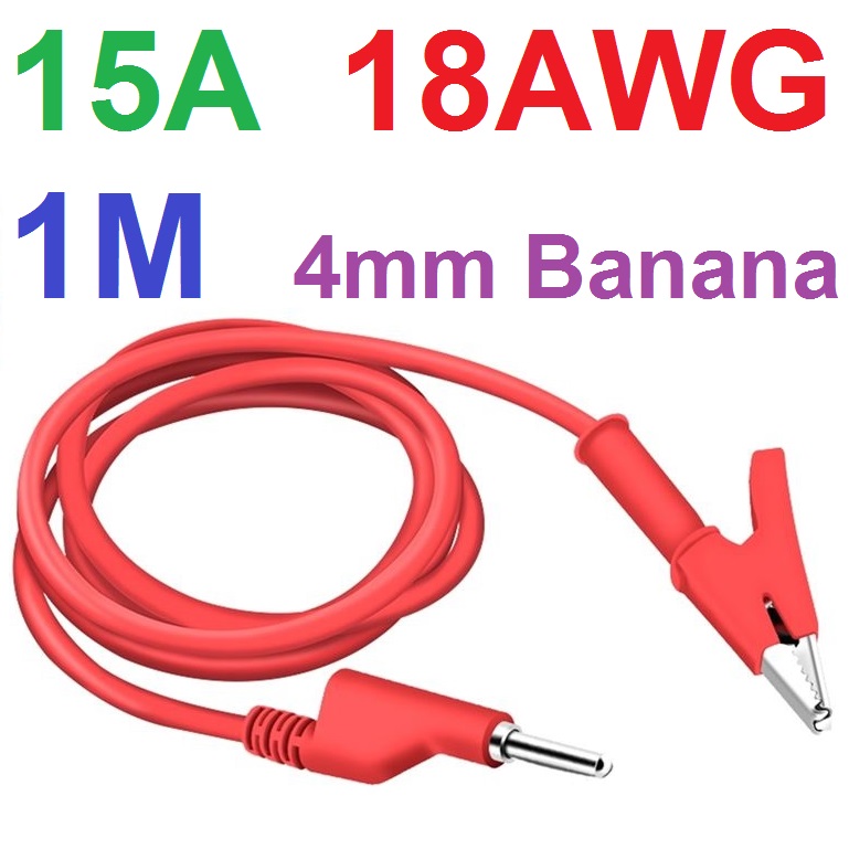 สายไฟปากคีบ 1 เมตร 1000V 15A 18AWG สีแดง Crocodile Clip to 4mm Banana Plug Cable Power test line high voltage power supply clip multimeter plug banana lead wire alligator clip pure copper strip wire test Red color