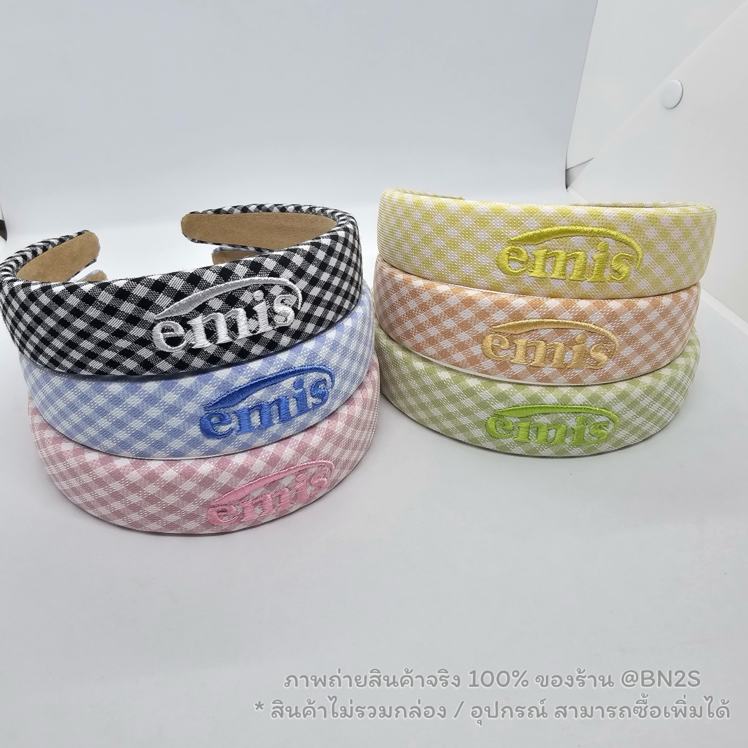 สีชมพู | ที่คาดผมอีมีส แบรนด์เกาหลี Emis Gingham Check Hairband ลายตาราง ปั๊กโลโก้ EMIS รุ่นใหม่ชนช๊อป พร้อมส่งในไทย ราคาไม่แพง ไม่มีกล่อง อุกรณ์