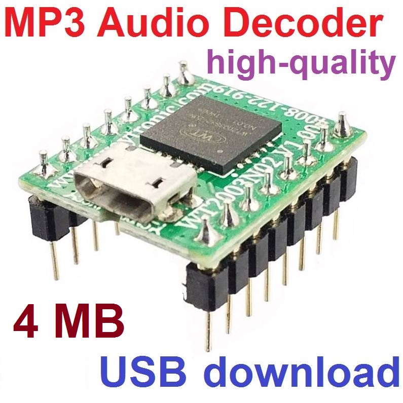 โมดูลเล่นเสียง MP3 WAV ความจุ 4MB เป็น SD card ในตัว เสียงดีมาก มีขยายเสียงในตัว WT2003S32-20N Built in Flash Mini Audio DAC Output MP3 Audio Decoder Usb can download music, high-quality mp3 decoding chip, button UART control, built-in power amplifier