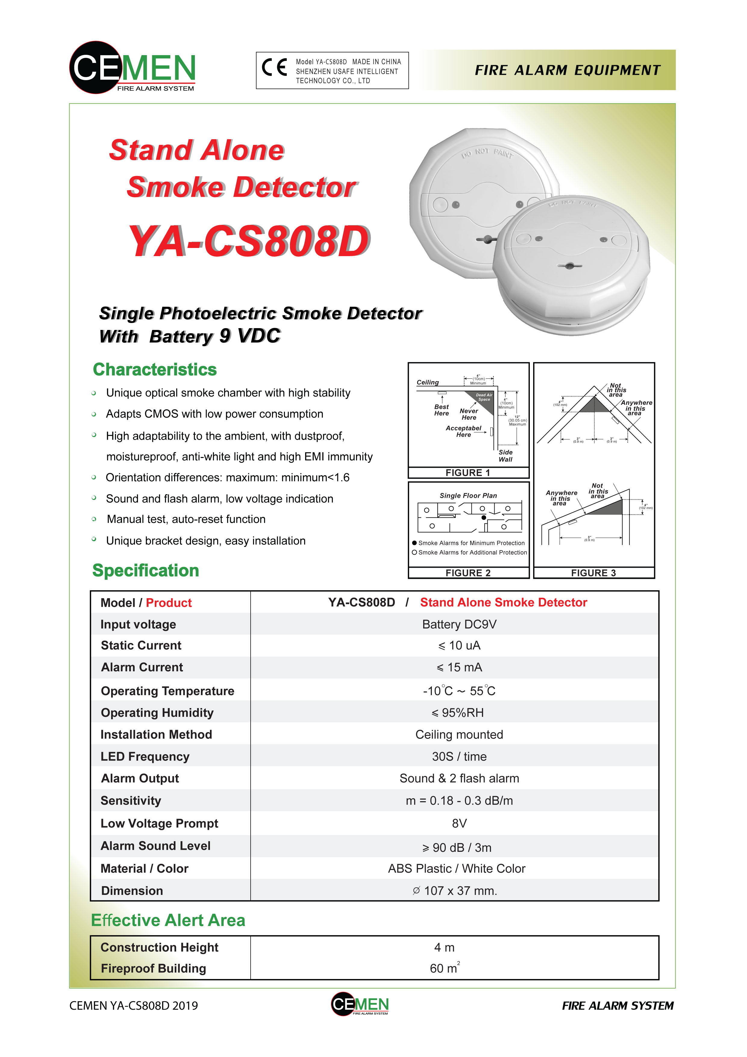 สโม๊คใส่ถ่าน 9 โวล์ท รุ่น YA-CS808D Photoelectric Smoke Detector With Battery 9 VDC ยี่ห้อ CEMEN ได้มาตรฐาน CE