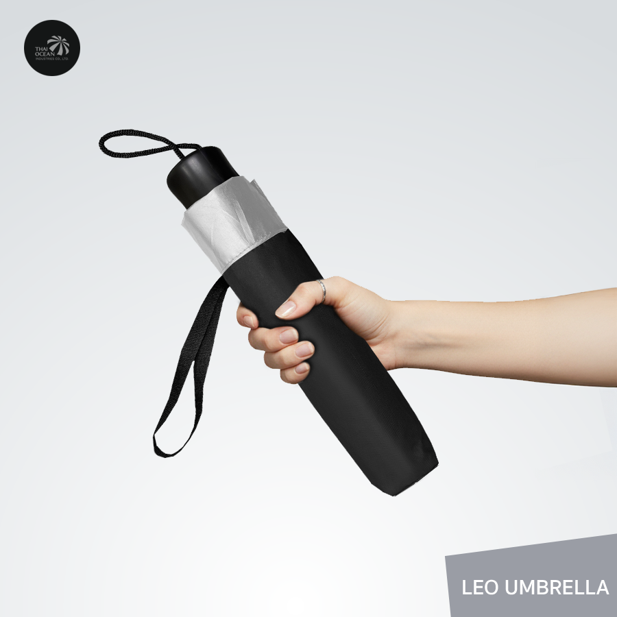 Leo ร่มพับสั้น 3 ตอน สีดำ พกพาง่าย ผ้าเคลือบยูวีกันแดด
