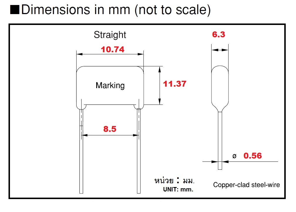 39nF(0.039uF) 630Vdc ±5% Pitch 8.5mm Metallized Polyester Film Cap ตัวเก็บประจุ คาปาซิเตอร์ แบบฟิล์มโลหะ