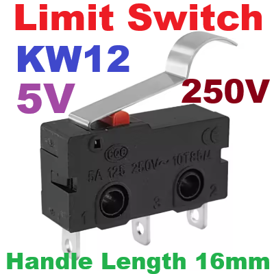 ไมโครสวิทช์ Micro Limit Switch 3Pin NO NC Mini Snap Action Switch 5A AC250V KW12 with handle length 16 mm.