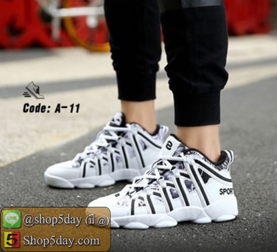 รองเท้าผ้าใบ + PU ทรง SPORT สุดชิค (ขาว-ดำ)