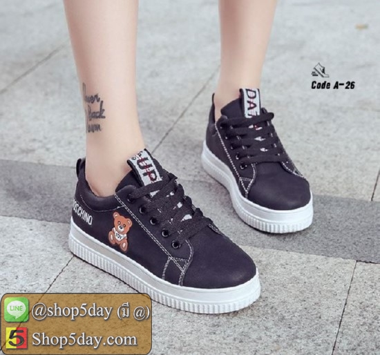 รองเท้าผ้าใบหนัง PU ดีไซน์น่ารักๆ รูปหมี TOV (สีดำ)
