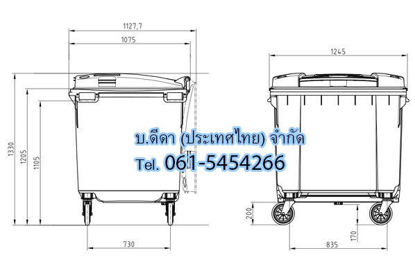 ถังขยะเทศบาล พร้อมล้อเข็น 1100 ลิตร ฝาเรียบ สีเขียว (มีหูยก)