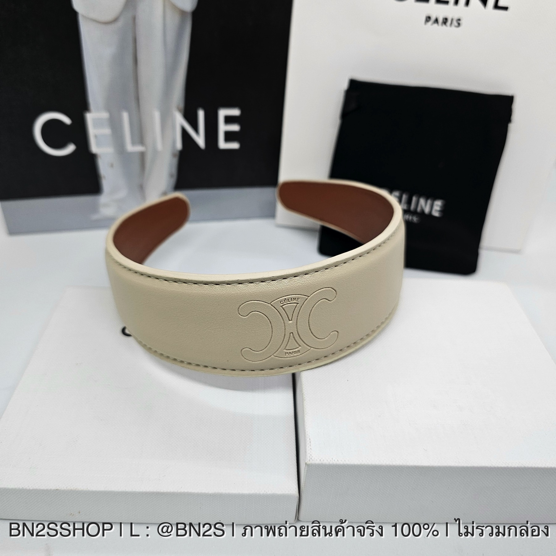 สีดำ | CELINE Cuir Headband in Calfskin Leather ที่คาดผมลายปัม CL งานหนังสีน้ำตาล งานปั๊ม หนังนุ่มมือมาก ถ่ายจากสินค้าจริง