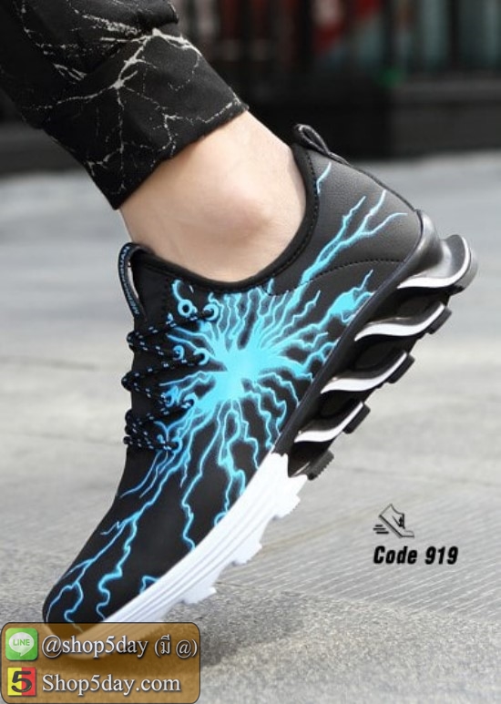 รองเท้าผ้าใบ หนัง PU ลายสุดแนว อินเทรนด์วัยรุ่น (ดำ-ฟ้า)
