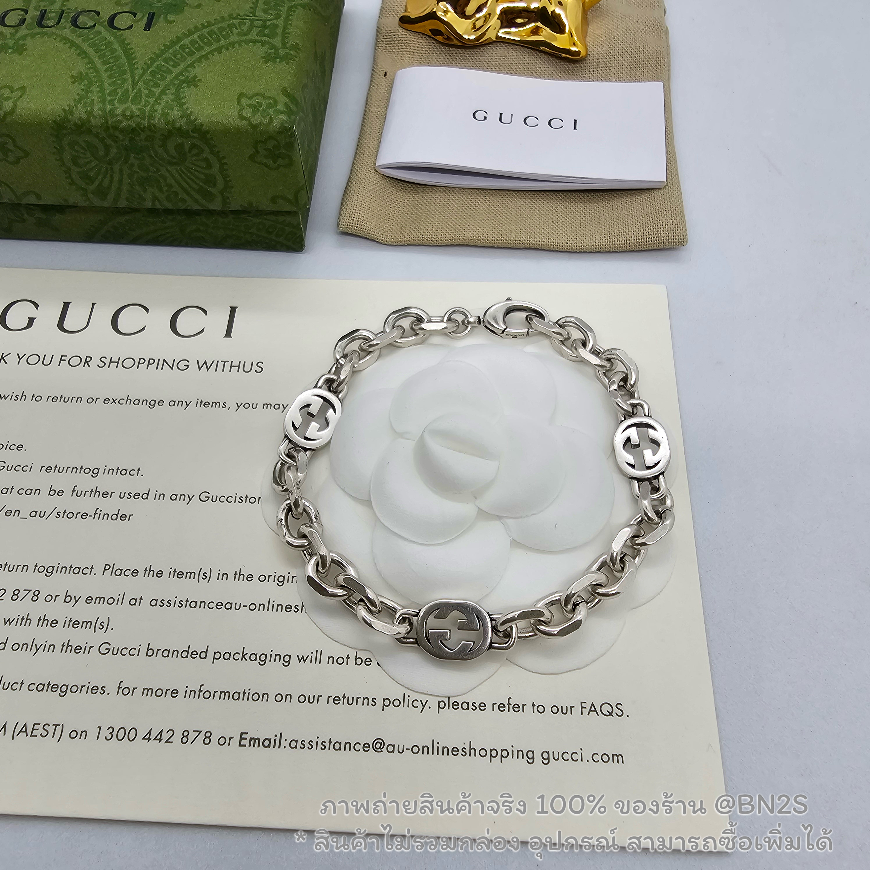 (ออริ) สร้อยข้อมือผู้ชายสายเหล็ก สีเงินรมดำ Gucci GG INTERLOCKING งานสวย น้ำหนักเบา ใส่ได้ทนทาน ฟรีถุงกระดาษ