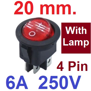 สวิตช์ 2ทาง 4ขา ขนาด 20 mm มีไฟสีแดง. บนกลมล่างเหลี่ยม below the uper circle Round Black Rocker Switch 4 Pin 6A 250V / 10A 125V DPST ON-OFF Snap-in with RED light 20mm Diameter KCD1 สวิทช์กระดก