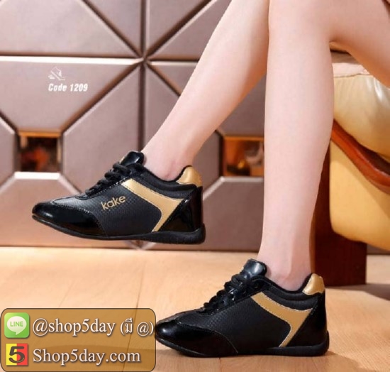 รองเท้าผ้าใบ + หนัง PU แบรนด์ kake สไตล์ Sport (ดำ-ทอง)