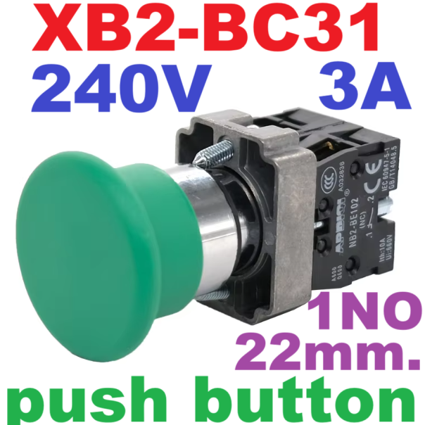 Mushroom head button XB2-BC31 green color self-reset switch push button switch 22mm. ZB2-BE101C Normally open Contact (NO.) High quality