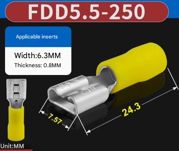หางปลา FDD5.5-250 สีเหลือง หนาพิเศษ สำหรับสายไฟ 4.0-6.0 mm2 (12-10 AWG) 24A แพ็กละ 20 ตัว Crimp Terminal หางปลาเสียบ ตัวเมีย