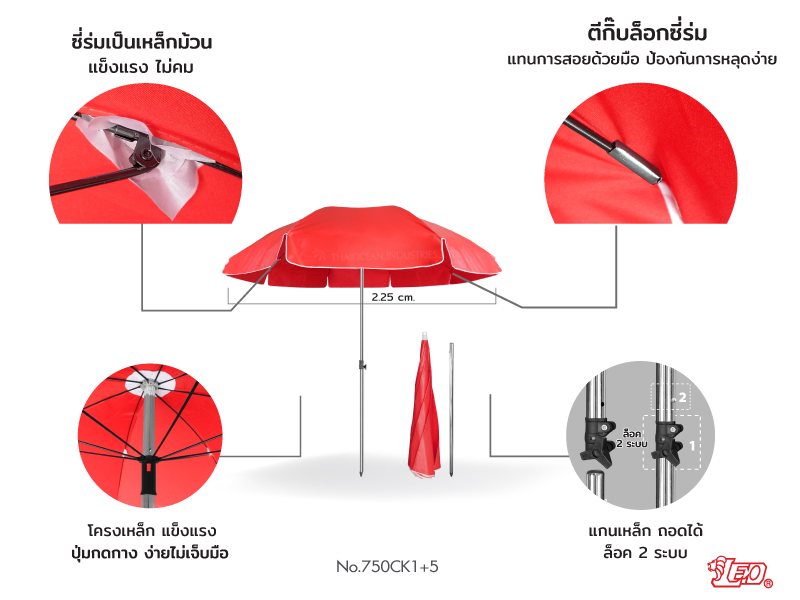 ร่มสนาม ร่มแม่ค้าขายของ ร้านกาแฟ ขนาดØ2.25เมตร ผ้าใบคูนิล่อนแบบหนา 2 หน้า ผิวมันกันน้ำ เช็ดทำความสะอาดง่าย