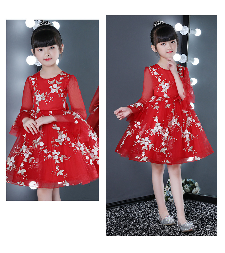 ชุดเดรสออกงานเด็กสีแดง ปักลวดลายสวยงาม แขนยาว ทรงสั้น