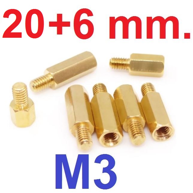 เสาทองเหลือง M3x20+6mm. เสารองPCB Single Head Hexagonal Copper Pillar Support Column เสาหกเหลี่ยม เสารองปริ้น M3*20+6mm
