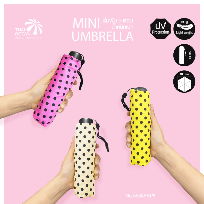 Leo ร่มพับน้ำหนักเบาพิเศษ 5 ตอน ลายจุด พกง่าย ใส่กระเป๋าถือได้ ผ้าเคลือบยูวีกันแดด