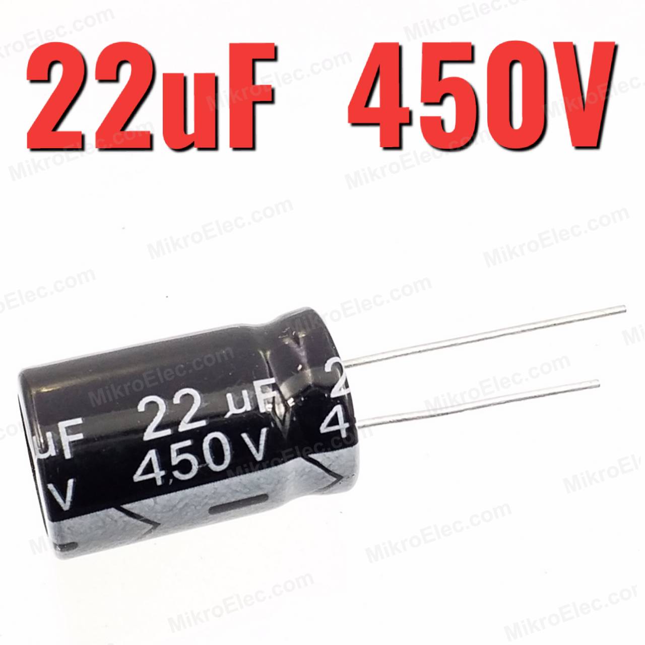 22uF 450V 16x26 mm. Pitch 7.5mm. ตัวเก็บประจุ อิเล็กโทรไลต์ straight aluminum electrolytic capacitor