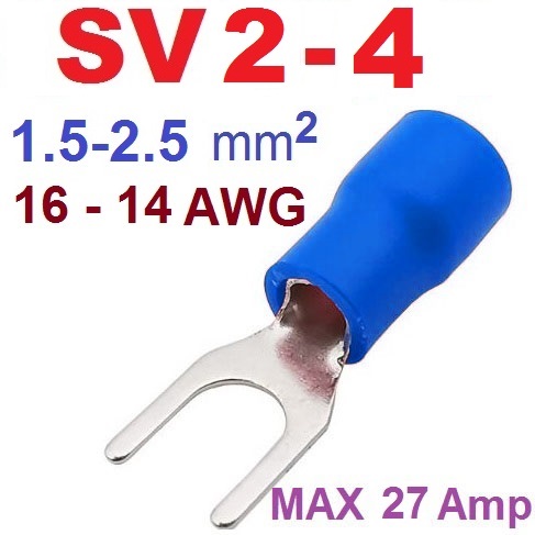 SV2-4 หางปลาแฉก สีน้ำเงิน แพ็คละ 20 ตัว SV Series Crimp Terminal Fork Spade Wire Connector Copper Insulated Forked SV2