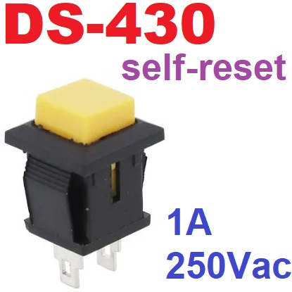 สวิทช์กดติดปล่อยดับ DS-430 สีเหลือง ON-OFF 2Pin 1A/250VAC self-resetting Switch Momentary Push Button Square