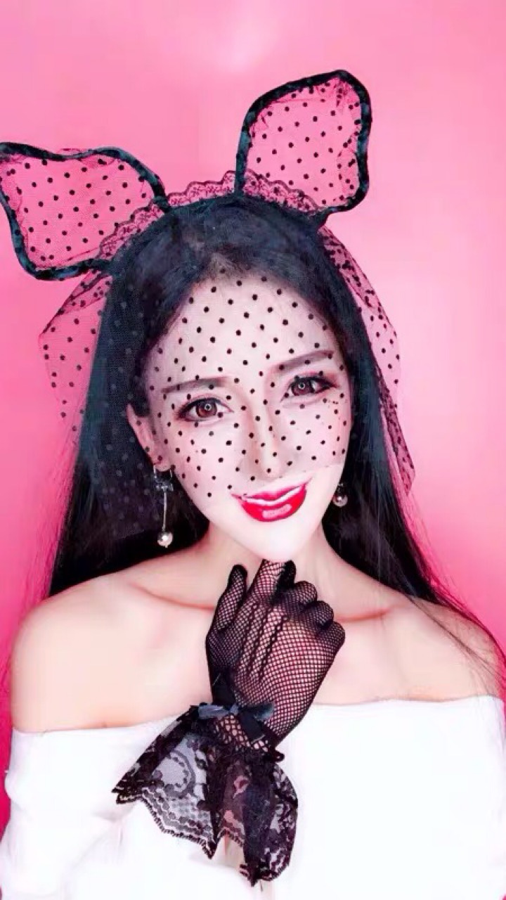 ถุงมือตาข่ายยืดติดโบว์ ลูกไม้สีดำ ลายลูกไม้สวย เหมาะเด็กโตถึงผู้ใหญ่